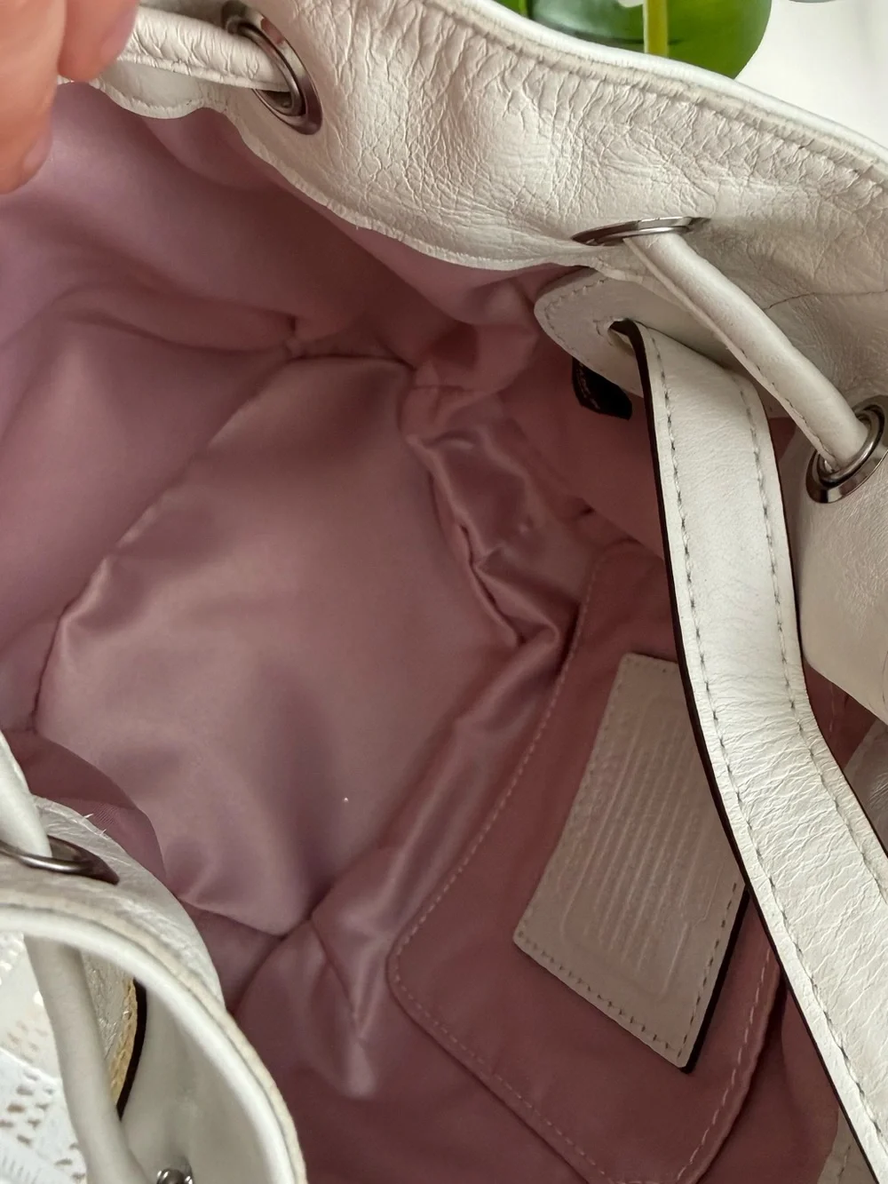 Coach Ivory Bucket Bag Drawstring Embossed Logo Adjustable Strap Pink Lining